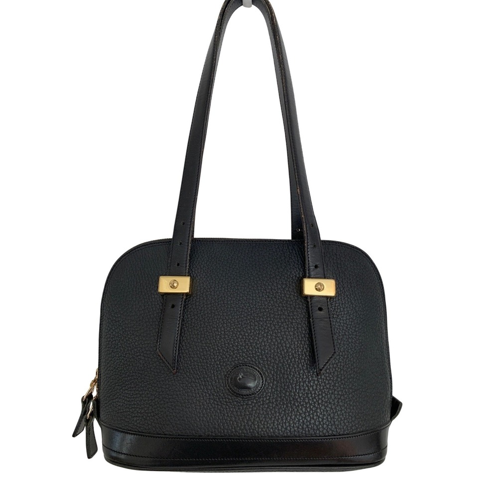 Vintage 1990s Dooney & Bourke Black AWL Pebbled Leather Shoulder Satchel Brass